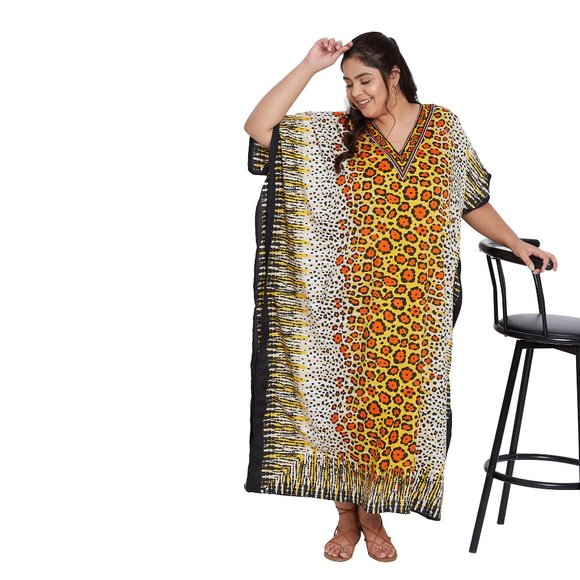 Gypsie Blu Leopard Print Yellow Caftan Maxi Dress with Kimono Sleeve Loungewear - Picture 5 of 8